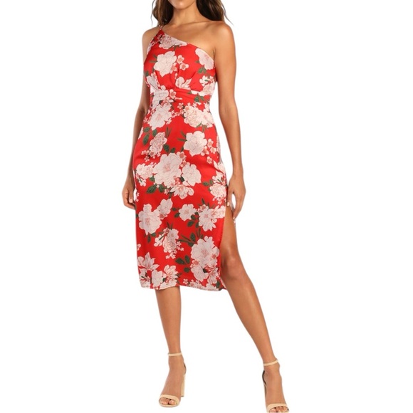 LULUS TRUELY DARLING RED FLORAL PRINT SATIN ONE-SHOULDER MIDI DRESS SZ S - Picture 2 of 12